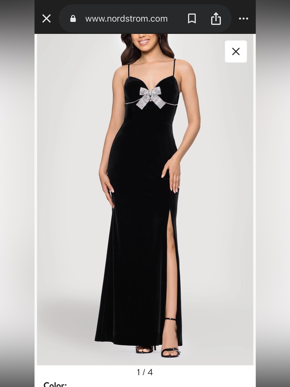 Nordstrom Blondie Nites Black Velvet Evening Gown with Silver Bow Accent